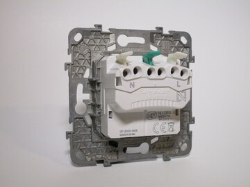 Rear view of the socket with the cover plate removed. You can see the wire terminals. The lever for the earth terminal is coloured green.